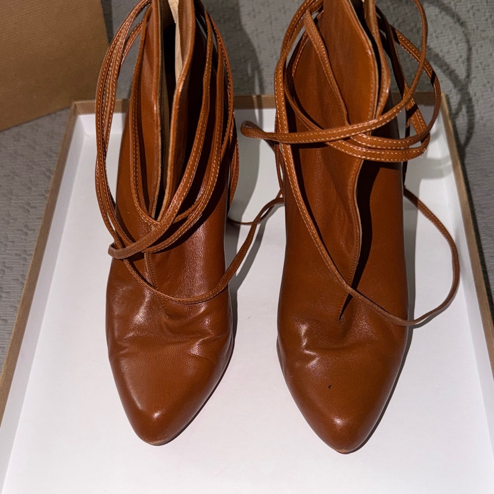 Christian Louboutin Cognac Pointed-Toe Lace-Up Heeled Ankle Boots